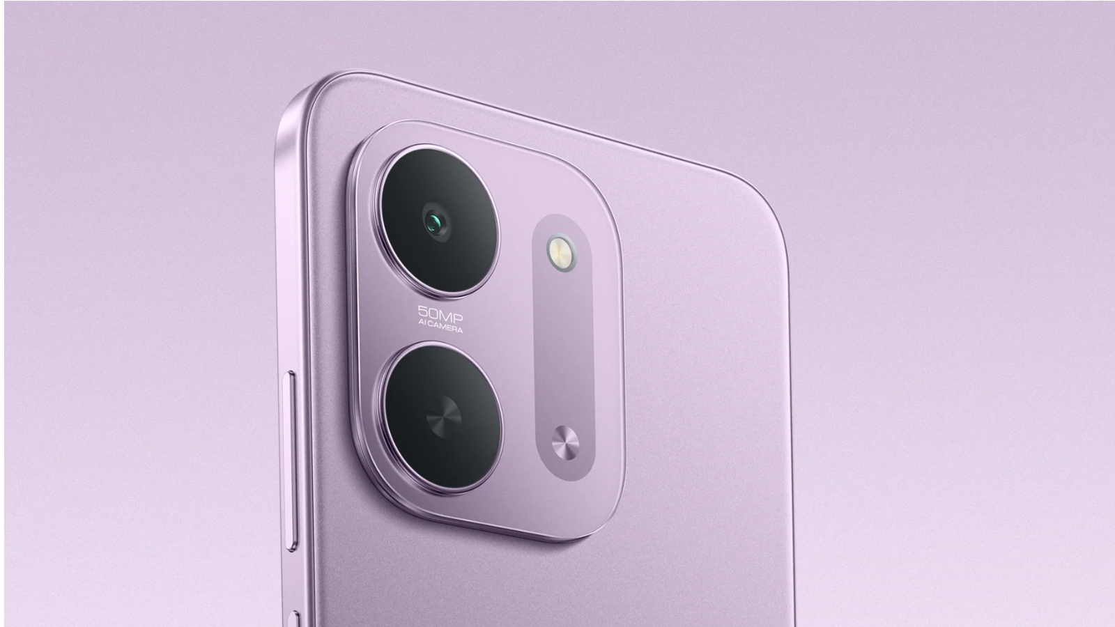 Primer plano del módulo de cámaras traseras del Redmi 17C 5G en color lavanda con sensor de 50 MP.