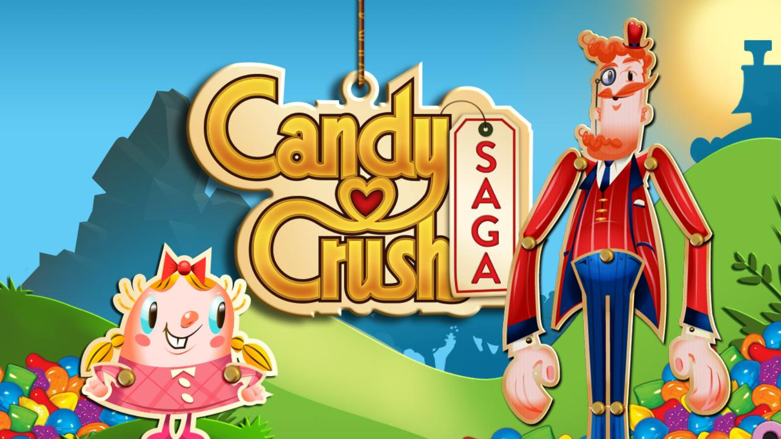 Logotipo de Candy Crush Saga con los personajes Tiffi y Mr. Toffee sobre un fondo de paisajes coloridos y caramelos.