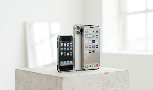 Comparativa de tamaño y diseño entre un iPhone original y un modelo reciente de iPhone Pro.