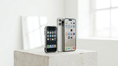 Comparativa de tamaño y diseño entre un iPhone original y un modelo reciente de iPhone Pro.