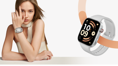Mujer joven con un REDMI Watch 6 de color blanco en la muñeca junto a un primer plano del dispositivo.