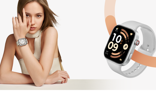 Mujer joven con un REDMI Watch 6 de color blanco en la muñeca junto a un primer plano del dispositivo.