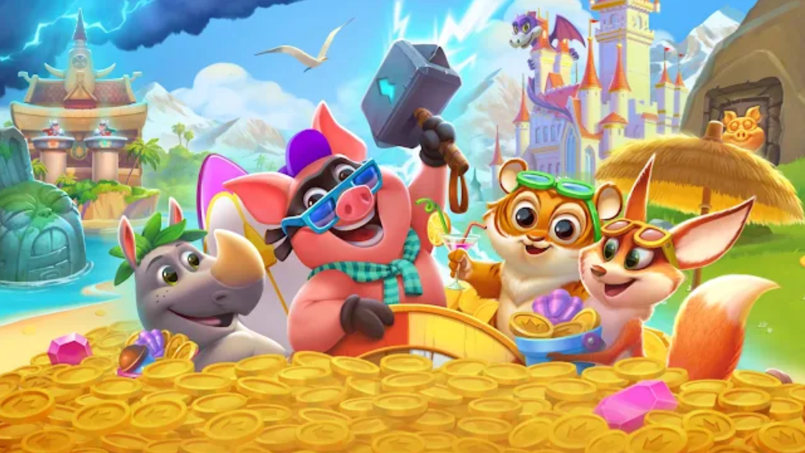 Personajes de Coin Master como un cerdo con martillo, un zorro y un tigre rodeados de monedas de oro.