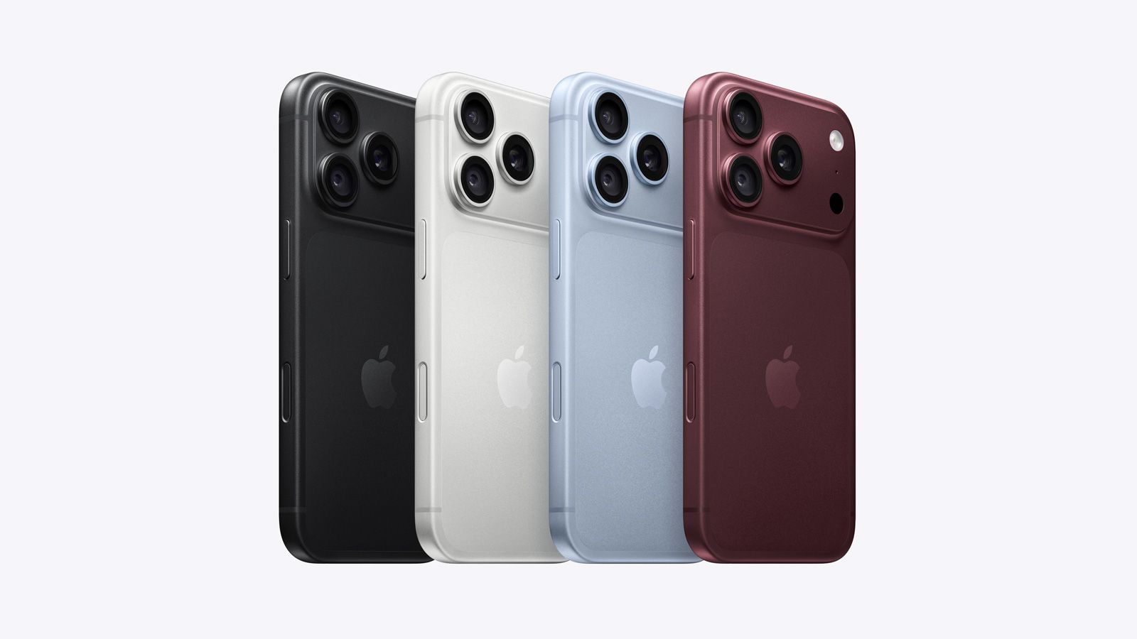 Cuatro terminales iPhone 18 Pro alineados mostrando sus paneles traseros en colores negro, blanco, azul claro y granate.