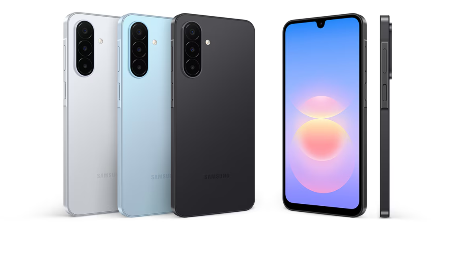 Tres unidades del Samsung Galaxy A18 en colores blanco, azul claro y negro junto a una vista frontal y lateral del dispositivo.