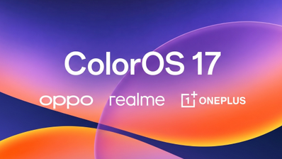 Logotipo de ColorOS 17 sobre fondo abstracto degradado con los logos de Oppo, Realme y OnePlus.
