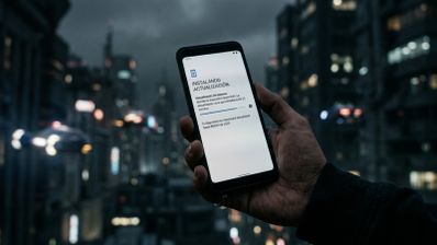 Mano sosteniendo un teléfono móvil que muestra una pantalla de instalación de actualización de software en un entorno urbano nocturno.