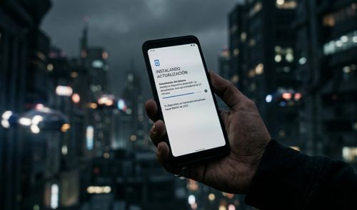 Mano sosteniendo un teléfono móvil que muestra una pantalla de instalación de actualización de software en un entorno urbano nocturno.