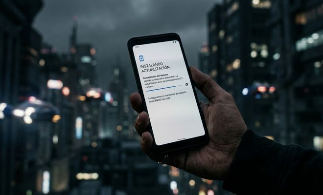 Mano sosteniendo un teléfono móvil que muestra una pantalla de instalación de actualización de software en un entorno urbano nocturno.