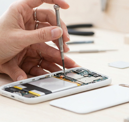 Primer plano de un técnico utilizando un destornillador de precisión sobre los circuitos internos de un teléfono móvil blanco desmontado.