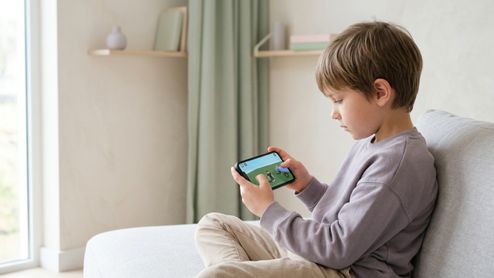 Niño sentado de perfil en un sofá utilizando un teléfono móvil en posición horizontal para jugar a un videojuego.