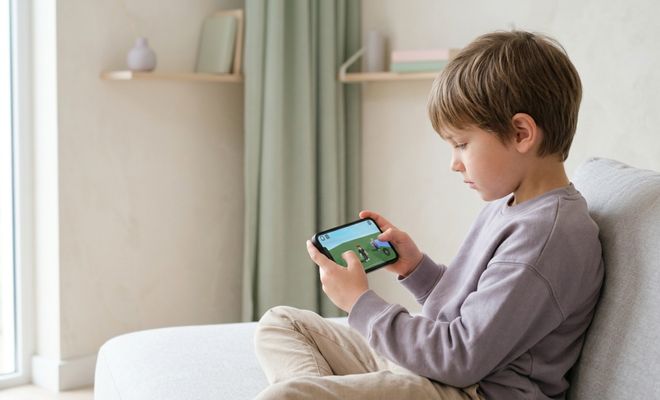Niño sentado de perfil en un sofá utilizando un teléfono móvil en posición horizontal para jugar a un videojuego.