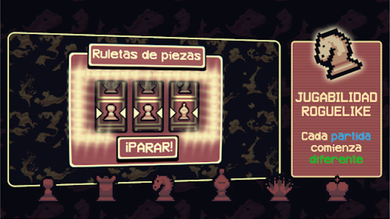 Interfaz de ruleta de piezas de ajedrez en el videojuego Gambonanza.