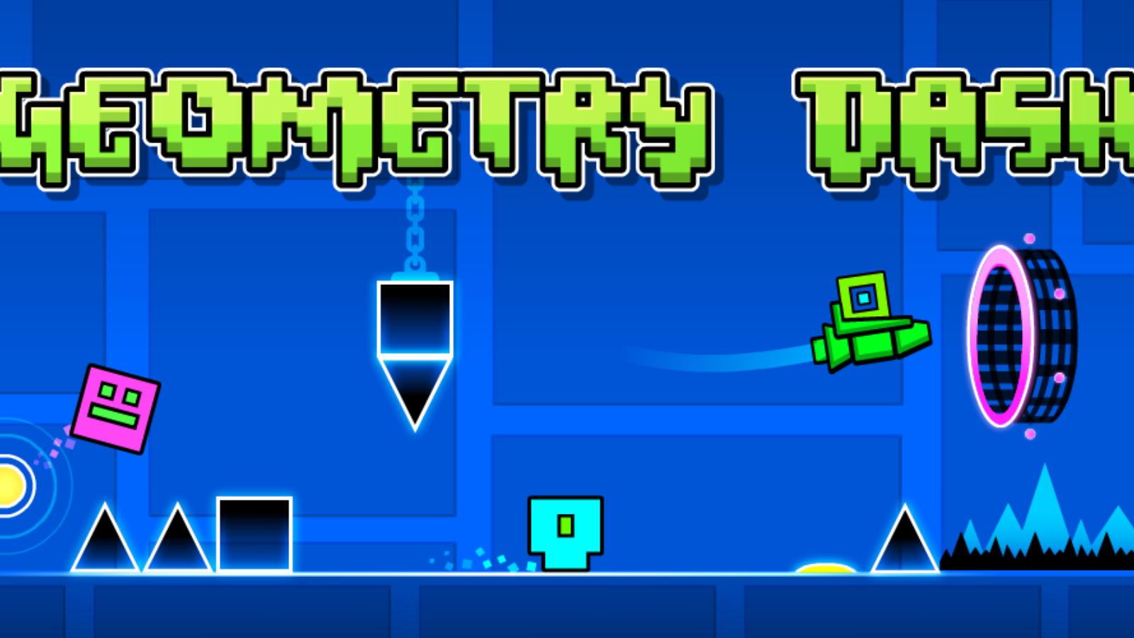 Logotipo de Geometry Dash sobre una composición de elementos del juego que incluye un cubo rosa, una nave verde y obstáculos puntiagudos.
