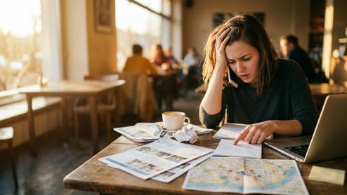 Mujer preocupada revisando documentos y mapas en una cafetería.