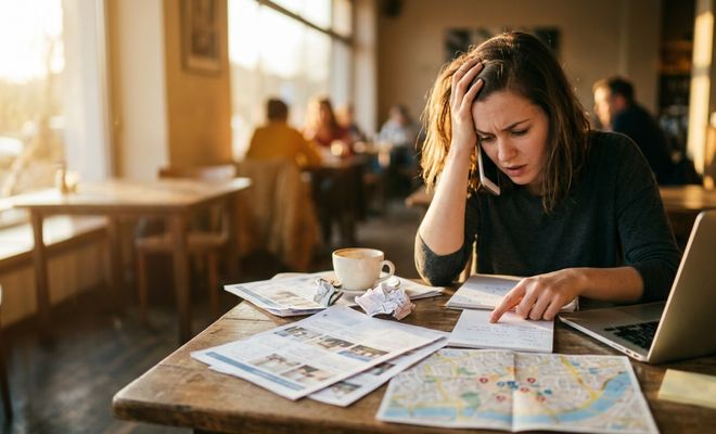 Mujer preocupada revisando documentos y mapas en una cafetería.