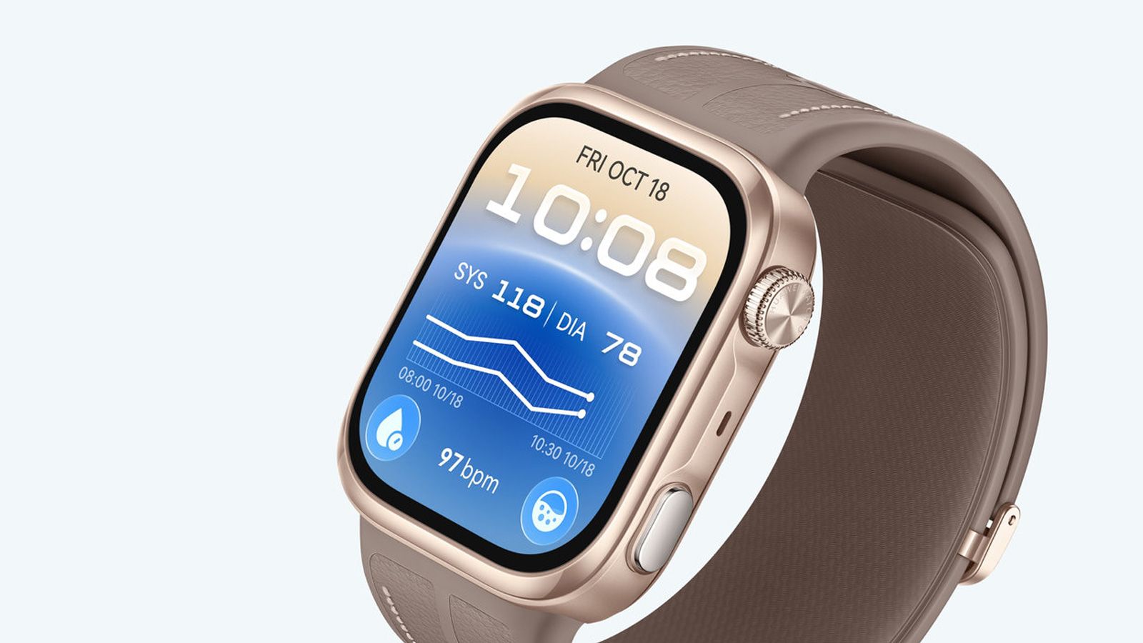 Reloj inteligente Huawei Watch D3 con esfera cuadrada y mediciones de presión arterial en pantalla.