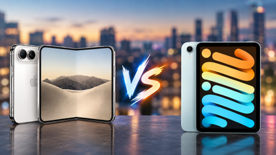 Comparativa entre un dispositivo plegable iPhone Duo y un iPad mini sobre un fondo urbano al atardecer.