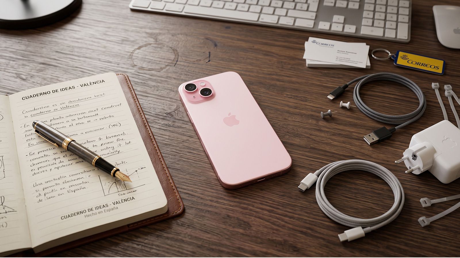 iPhone 15 Plus en color rosa sobre una mesa de madera junto a cables de carga y una libreta abierta.