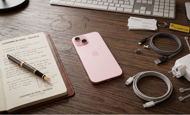iPhone 15 Plus en color rosa sobre una mesa de madera junto a cables de carga y una libreta abierta.