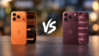 Comparativa visual entre el iPhone 17 Pro en color naranja y el iPhone 18 Pro en color granate, mostrando su parte trasera y frontal.