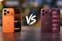 Comparativa visual entre el iPhone 17 Pro en color naranja y el iPhone 18 Pro en color granate, mostrando su parte trasera y frontal.