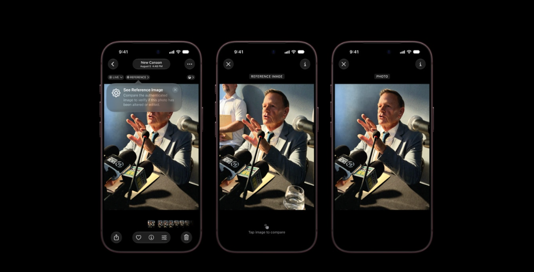 Tres smartphones iPhone 18 Pro alineados en horizontal mostrando diferentes pasos de un proceso de edición fotográfica en sus pantallas.