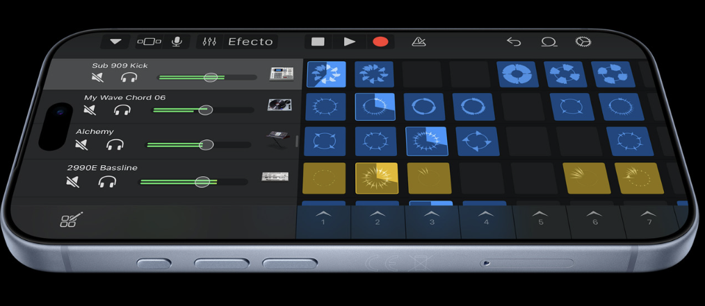 Interfaz de creación musical con secuenciador de bucles y mezclador de pistas en la pantalla de un iPhone 18 Pro.
