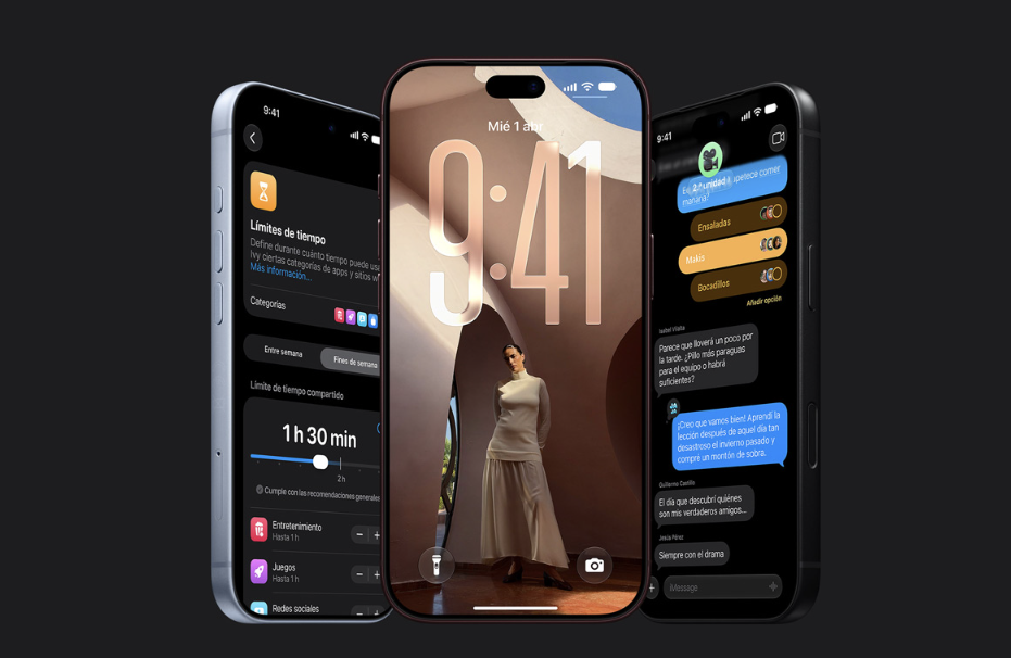 Tres smartphones iPhone 18 Pro colocados juntos que muestran la pantalla de bloqueo central, el menú de límites de tiempo de uso y una interfaz de chat de texto.