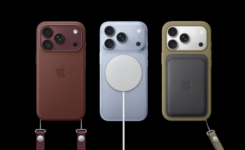 Tres terminales iPhone 18 Pro con accesorios MagSafe, incluyendo fundas con correa, un cargador inalámbrico y una cartera acoplada.