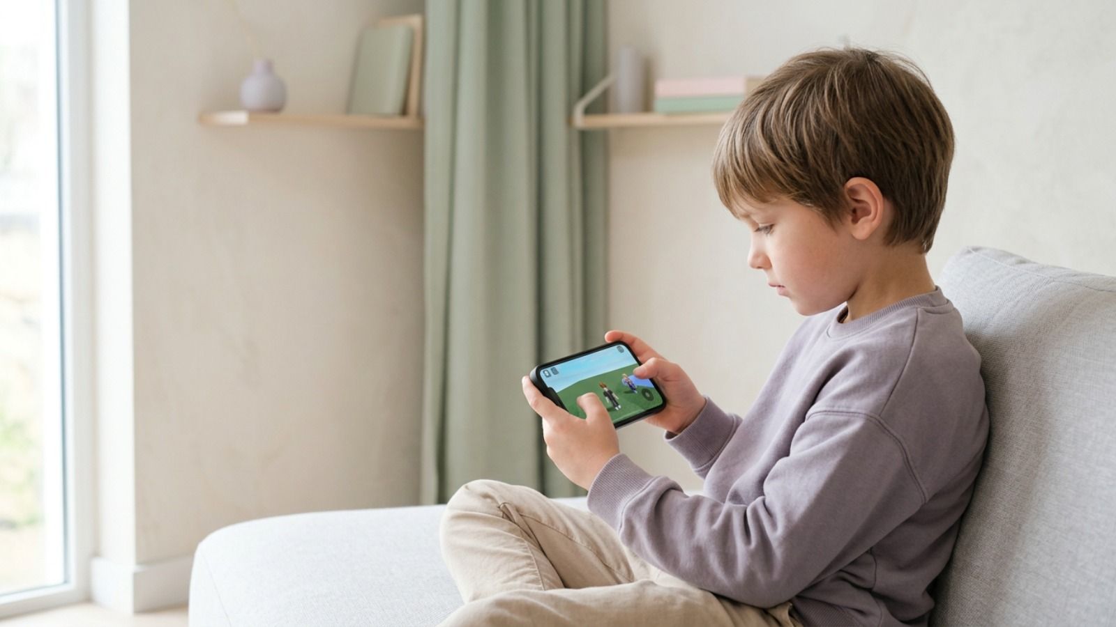 Niño sentado de perfil en un sofá utilizando el iPhone Duo en posición horizontal para jugar a un videojuego.