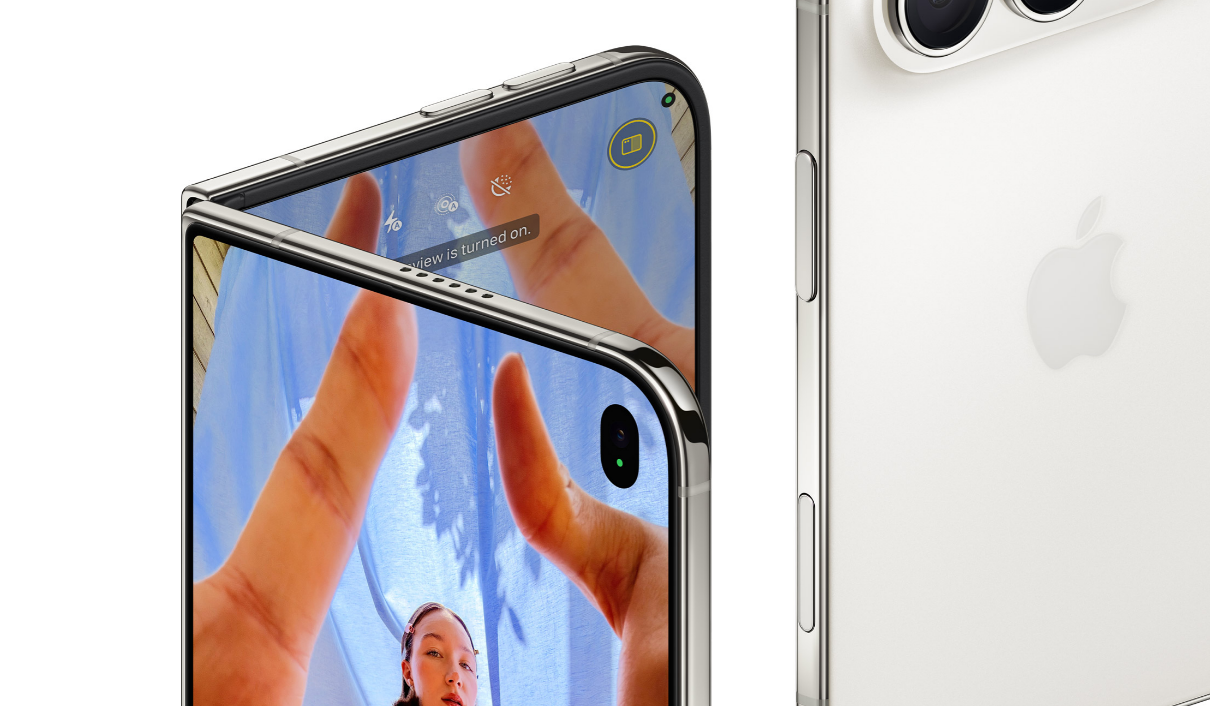 Primer plano del iPhone Duo semiabierto que muestra el mecanismo de la bisagra superior, el borde metálico y la parte trasera blanca con el logotipo de Apple.