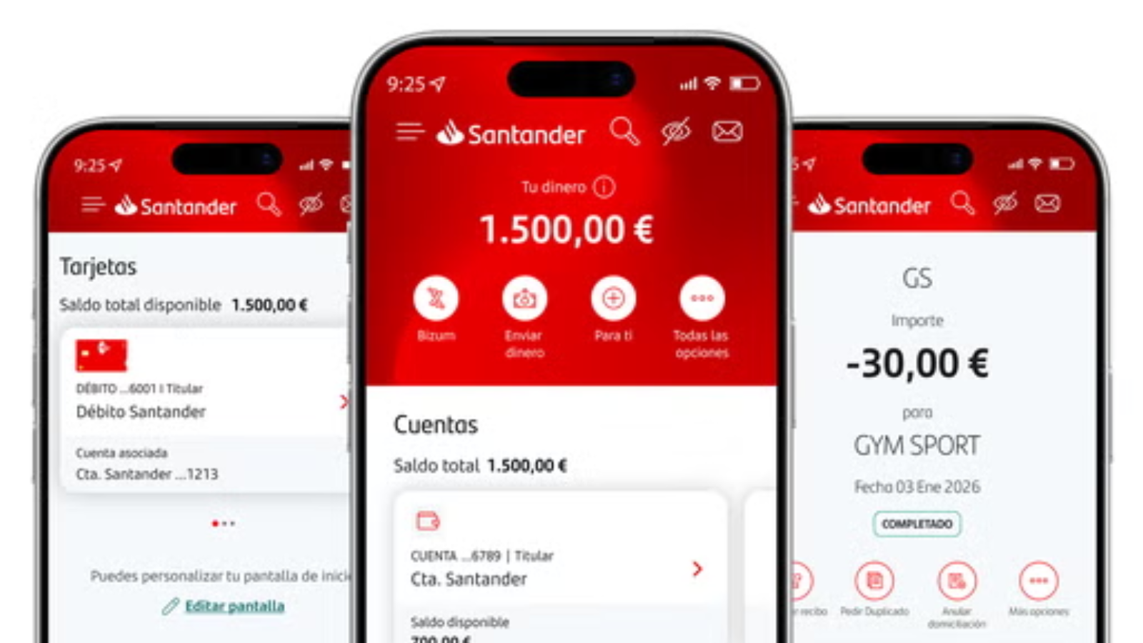 Tres teléfonos móviles mostrando diferentes pantallas de la aplicación móvil de Banco Santander.