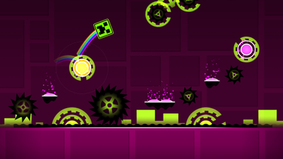 Cubo verde con estela de arcoíris saltando sobre sierras mecánicas y plataformas elevadas en Geometry Dash.