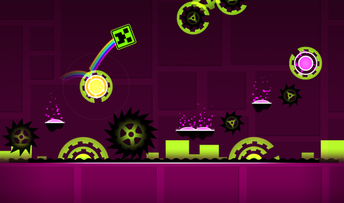 Cubo verde con estela de arcoíris saltando sobre sierras mecánicas y plataformas elevadas en Geometry Dash.