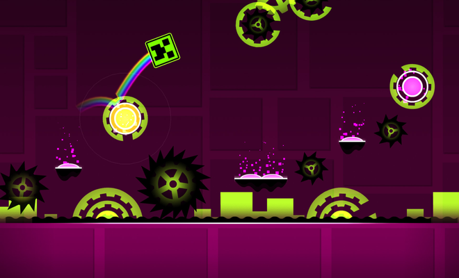 Cubo verde con estela de arcoíris saltando sobre sierras mecánicas y plataformas elevadas en Geometry Dash.