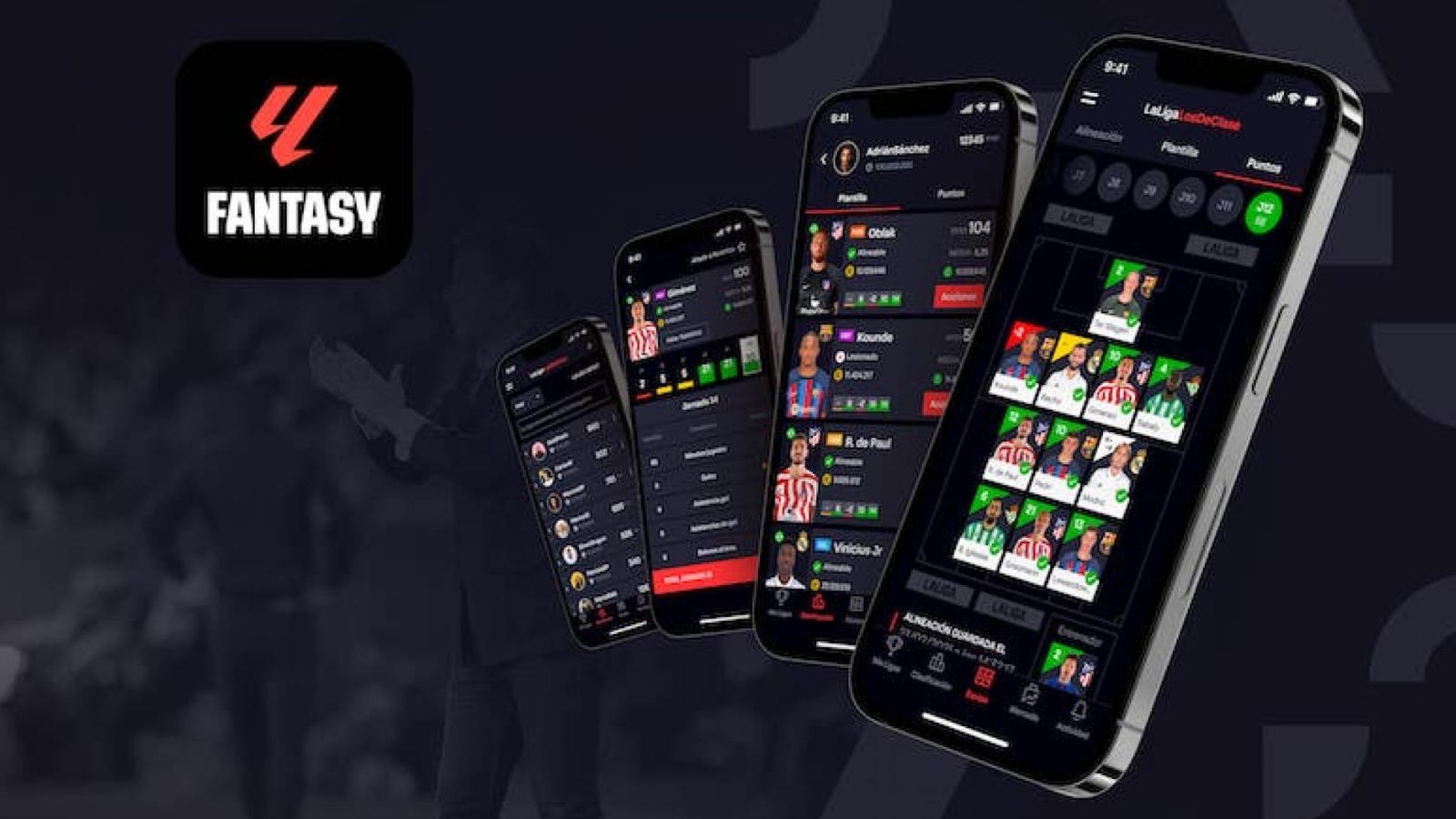 Varias pantallas de un smartphone mostrando la interfaz y alineaciones del juego móvil LALIGA Fantasy.