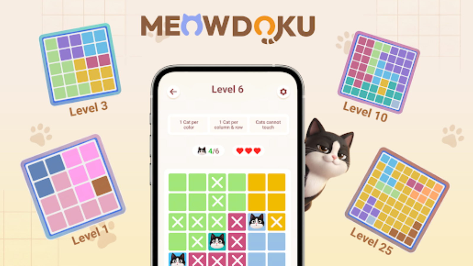 Interfaz del juego Meowdoku en un smartphone rodeado de ejemplos de niveles de rompecabezas con gatos.