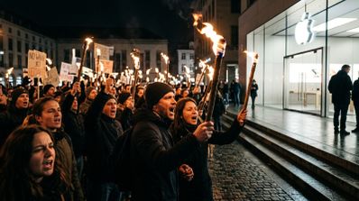 Multitud de personas protestando con antorchas encendidas y carteles frente a una tienda Apple Store iluminada de noche.