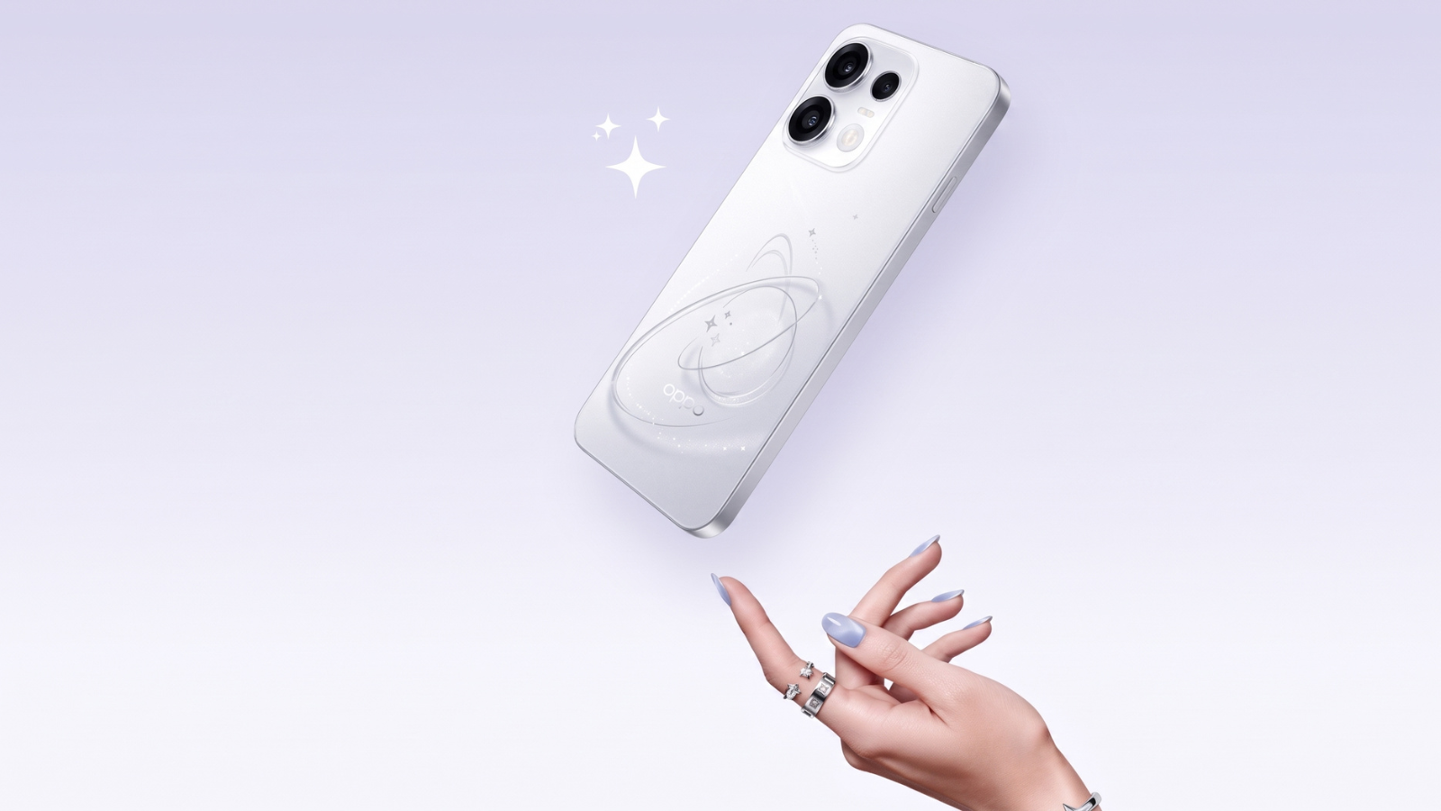 Parte trasera del smartphone OPPO Reno16 F en color blanco con módulo de cámaras circular y detalles gráficos de ondas.