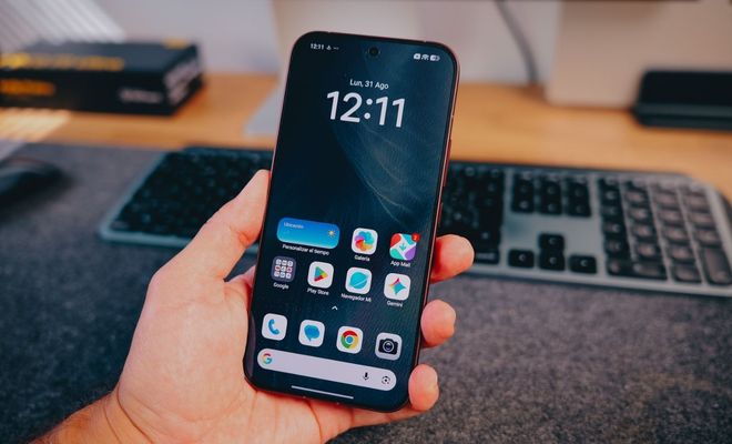 Primer plano de la pantalla del POCO F9 Ultra encendida mostrando el escritorio con aplicaciones y widgets.