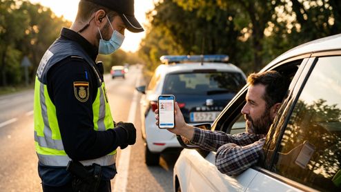 Conductor mostrando la pantalla de su móvil con el carnet de conducir digital a un agente de policía en un control de carretera.