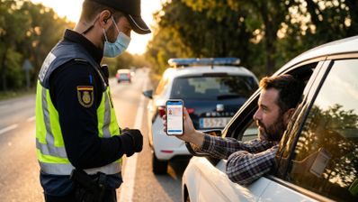 Conductor mostrando la pantalla de su móvil con el carnet de conducir digital a un agente de policía en un control de carretera.