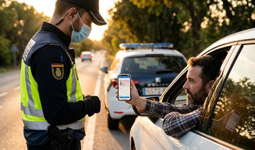 Conductor mostrando la pantalla de su móvil con el carnet de conducir digital a un agente de policía en un control de carretera.