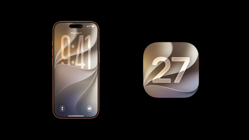 Interfaz de iPhone mostrando la pantalla de bloqueo junto al icono del sistema operativo iOS 27 sobre fondo negro.