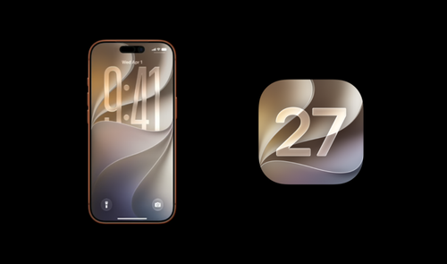 Interfaz de iPhone mostrando la pantalla de bloqueo junto al icono del sistema operativo iOS 27 sobre fondo negro.