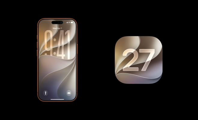 Interfaz de iPhone mostrando la pantalla de bloqueo junto al icono del sistema operativo iOS 27 sobre fondo negro.