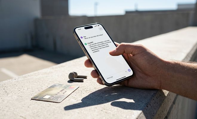 Persona utilizando la aplicación ChatGPT en un teléfono móvil en exteriores junto a una tarjeta bancaria.