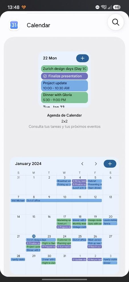 Interfaz de selección de widgets de Google Calendar en un teléfono móvil Android.
