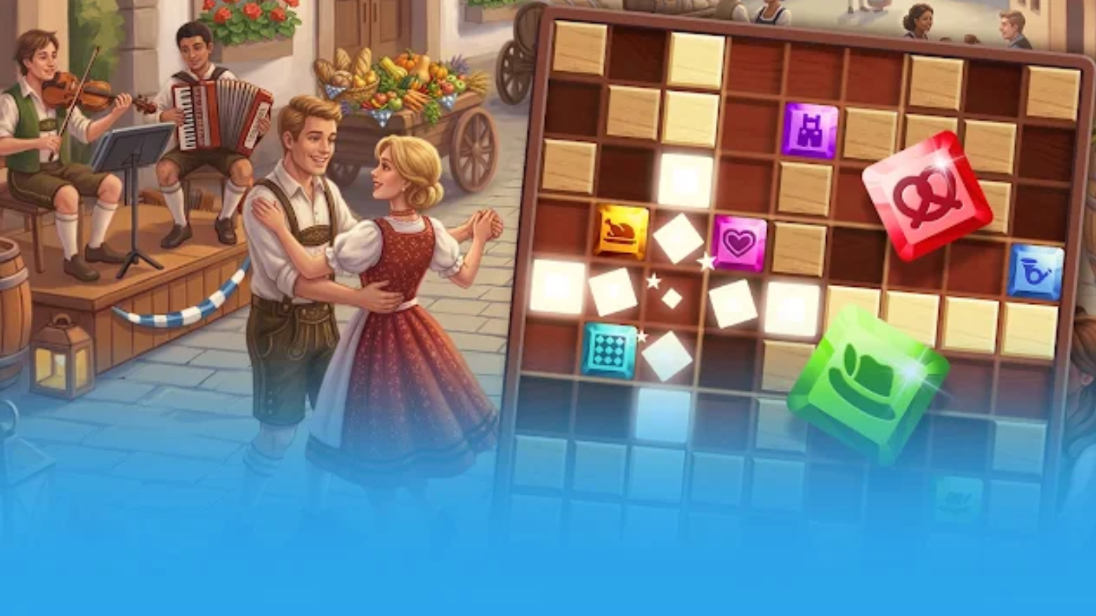 Tablero del videojuego Woodoku con bloques de madera y gemas de colores sobre una escena de baile tradicional.